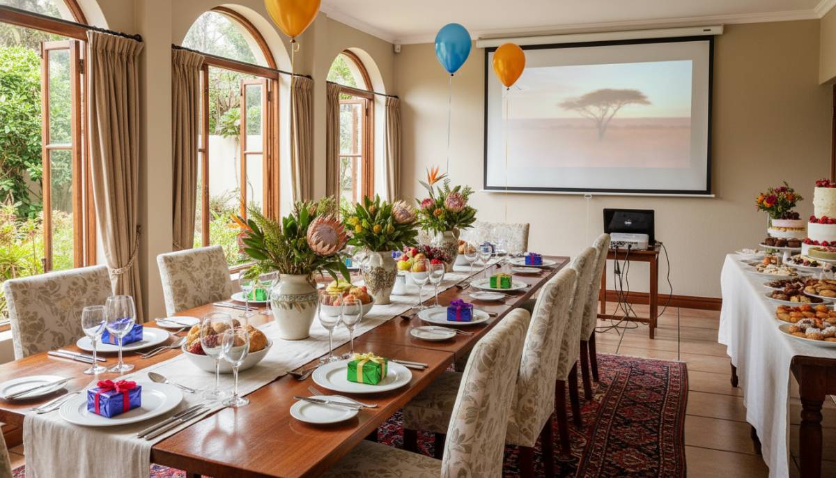 Private restaurant room set for a birthday tribute