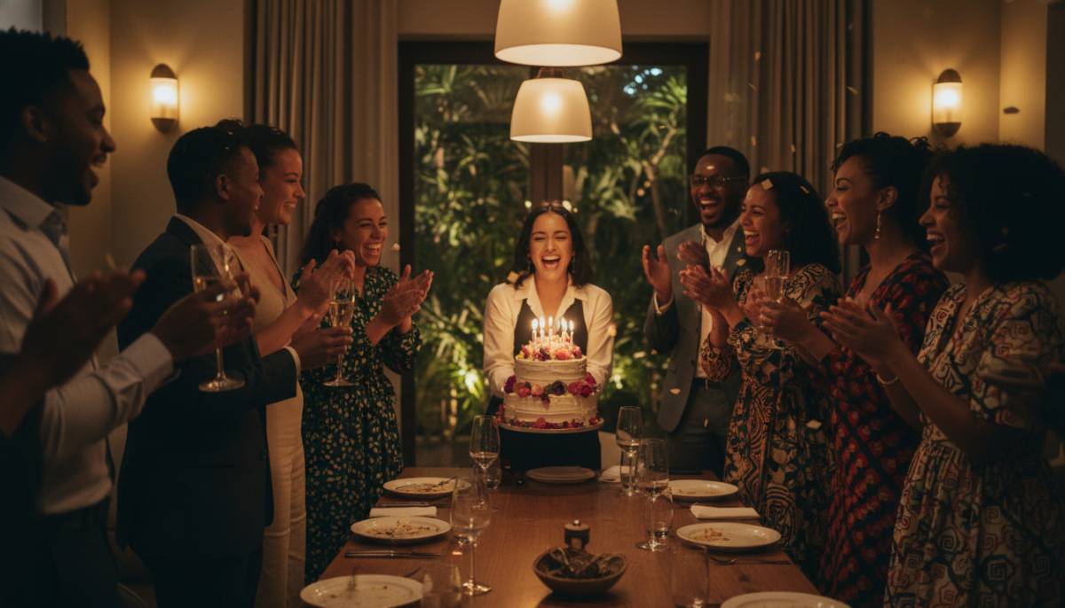 Guests celebrating a 75th birthday in a restaurant