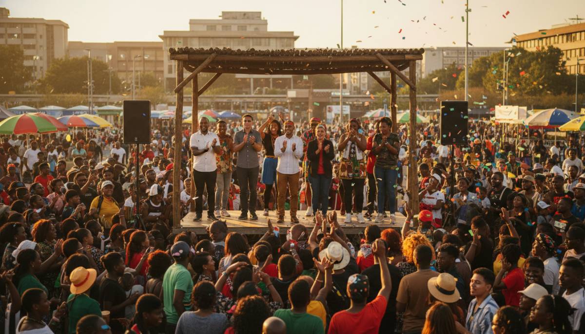 Guests clapping near a small Freedom Day stage