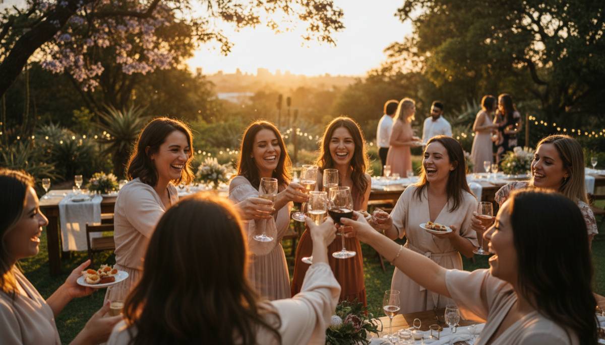 Guests clinking glasses at a garden birthday
