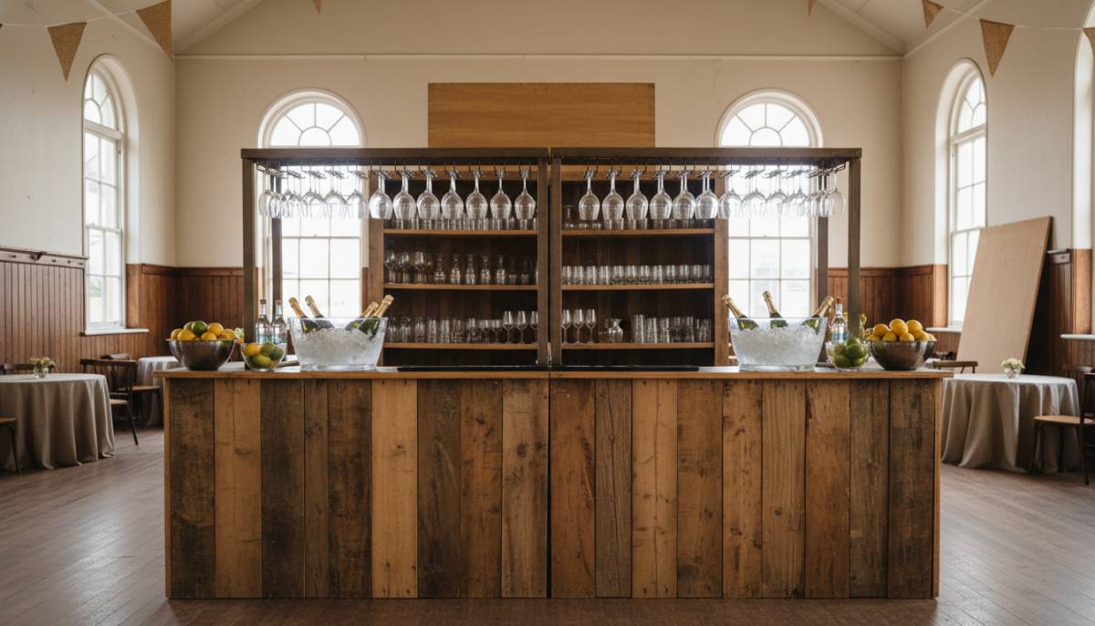 Rustic bar setup before guests arrive