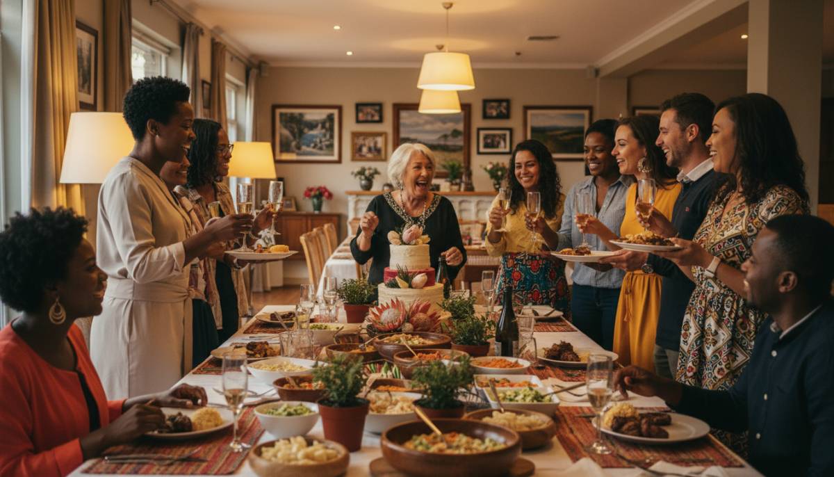 Family guests around a buffet table at a 65th birthday