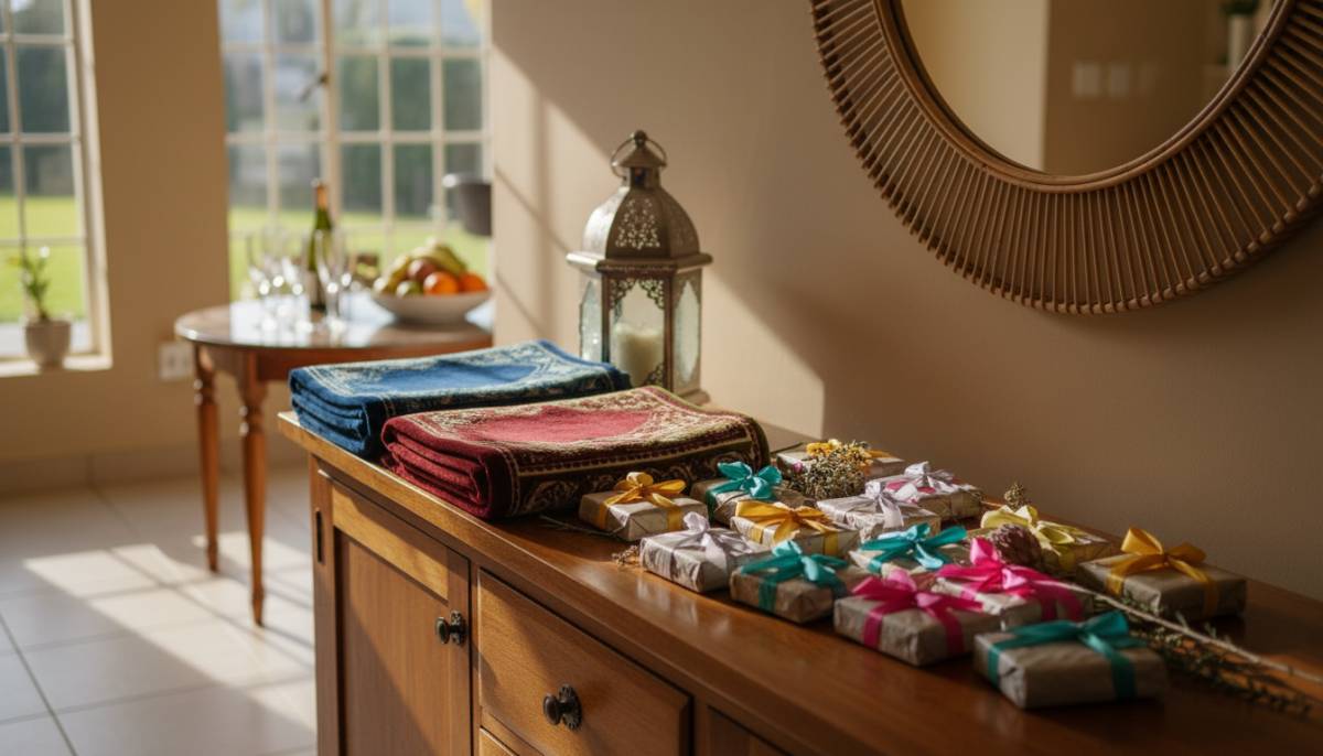 Prayer mats with wrapped Eid gifts