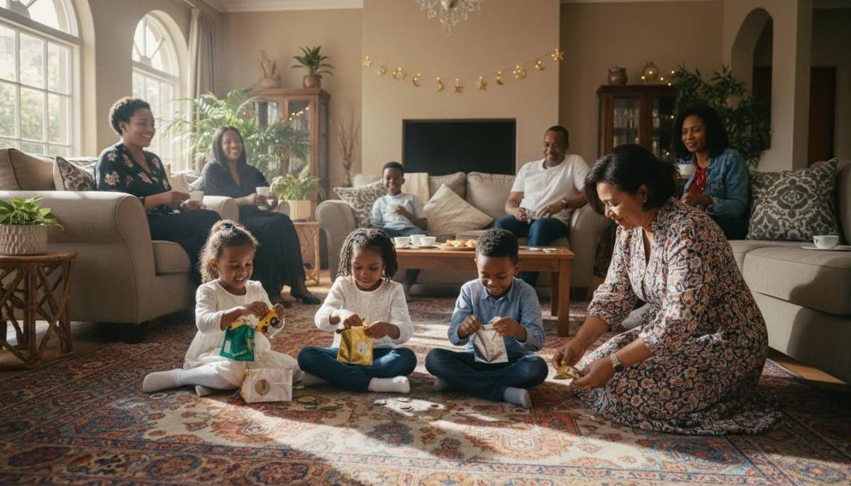 Children opening small Eid gift packets