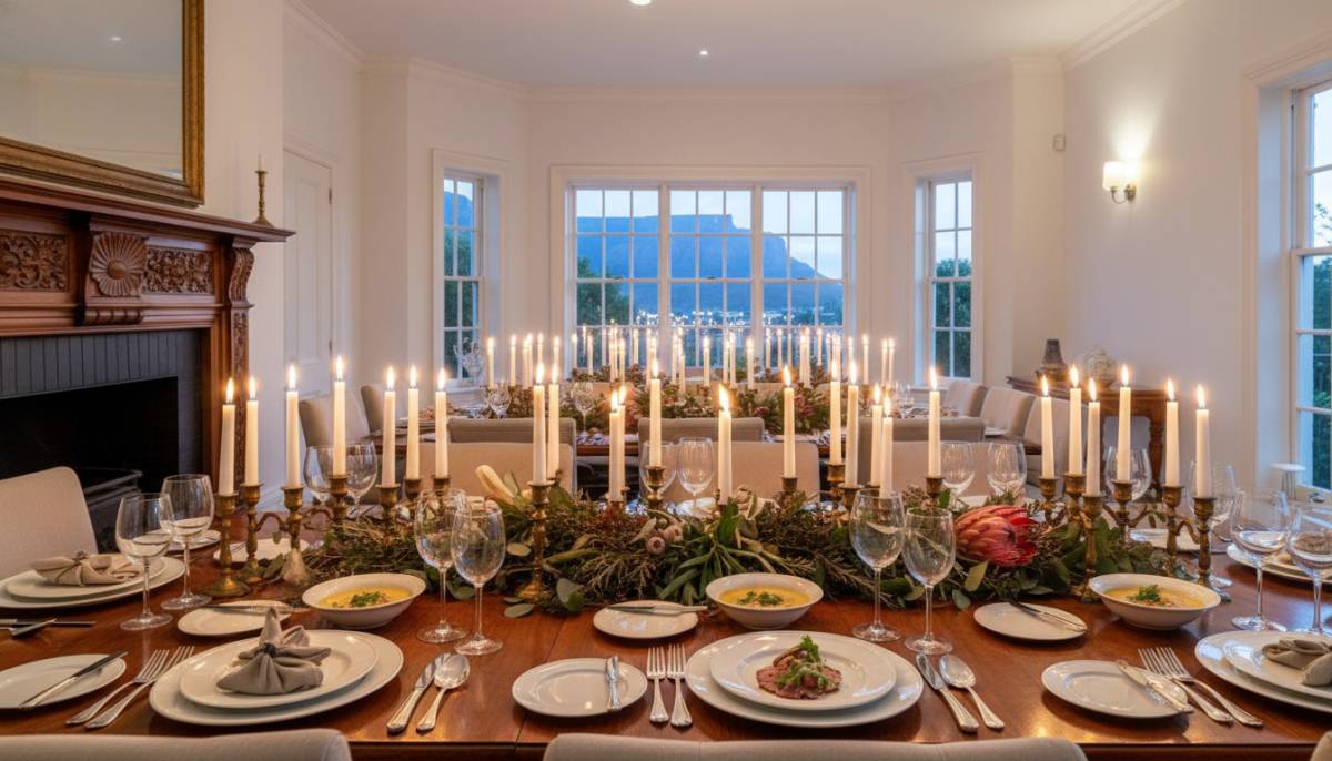 Long anniversary supper table with plated starters