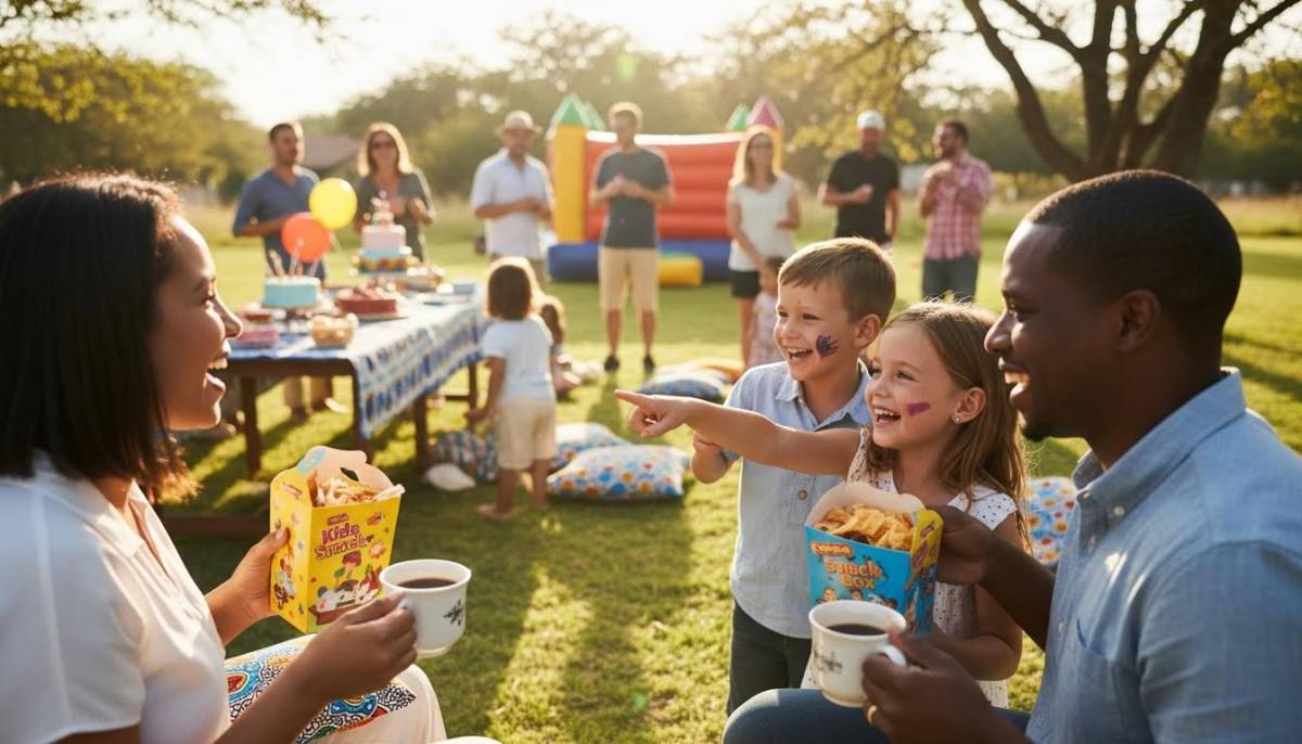 Parents and children holding snack boxes