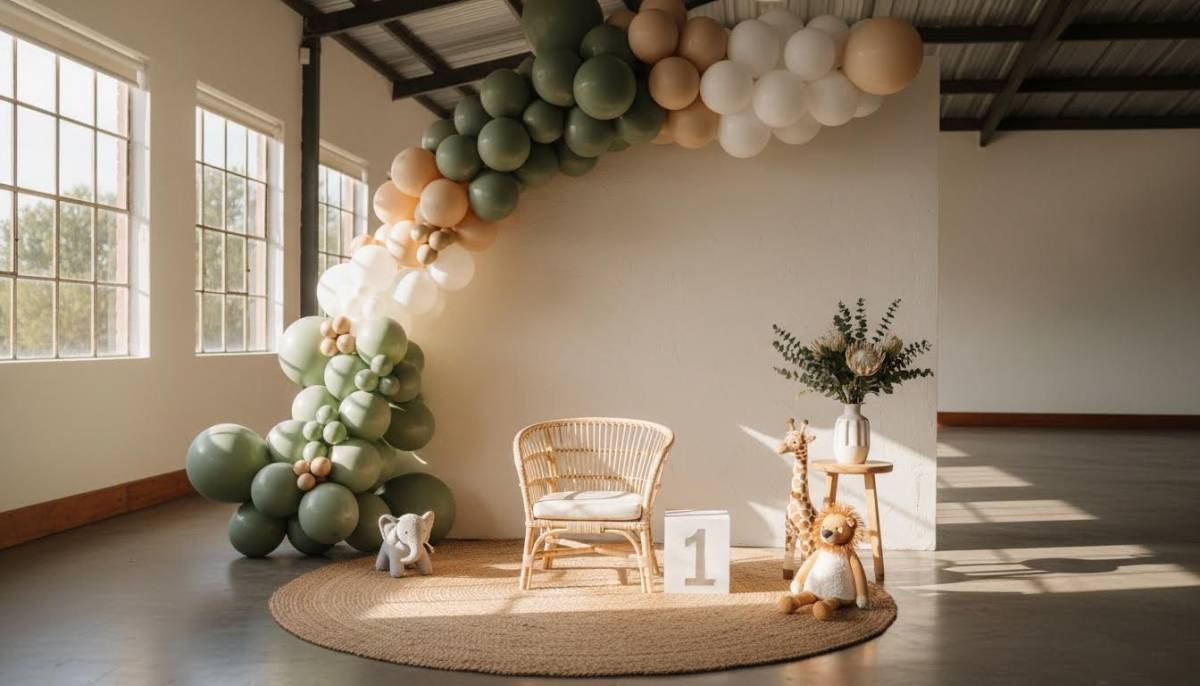 First birthday photo corner with chair and balloons