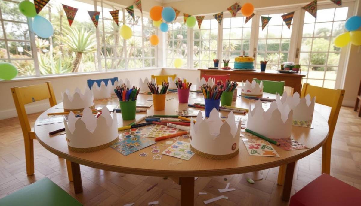 Kids craft table with paper crowns and stickers