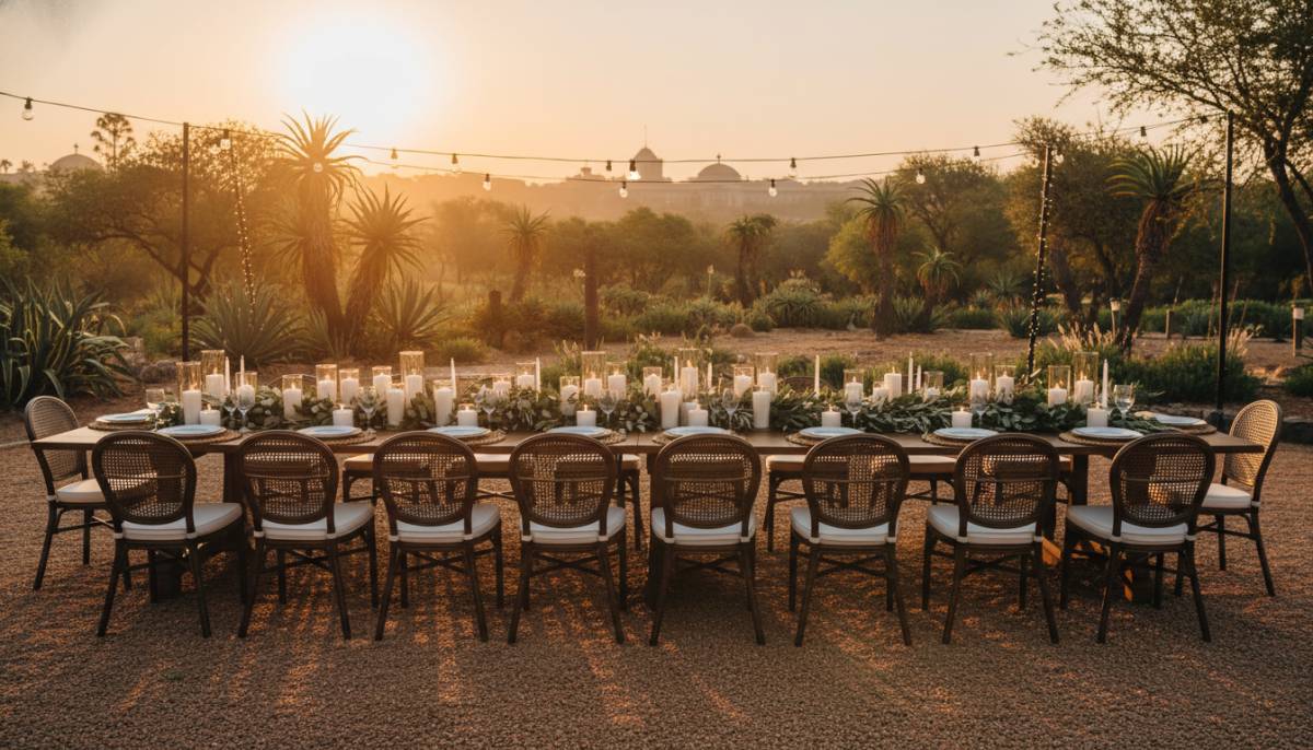 Garden dinner setup with long table and candles