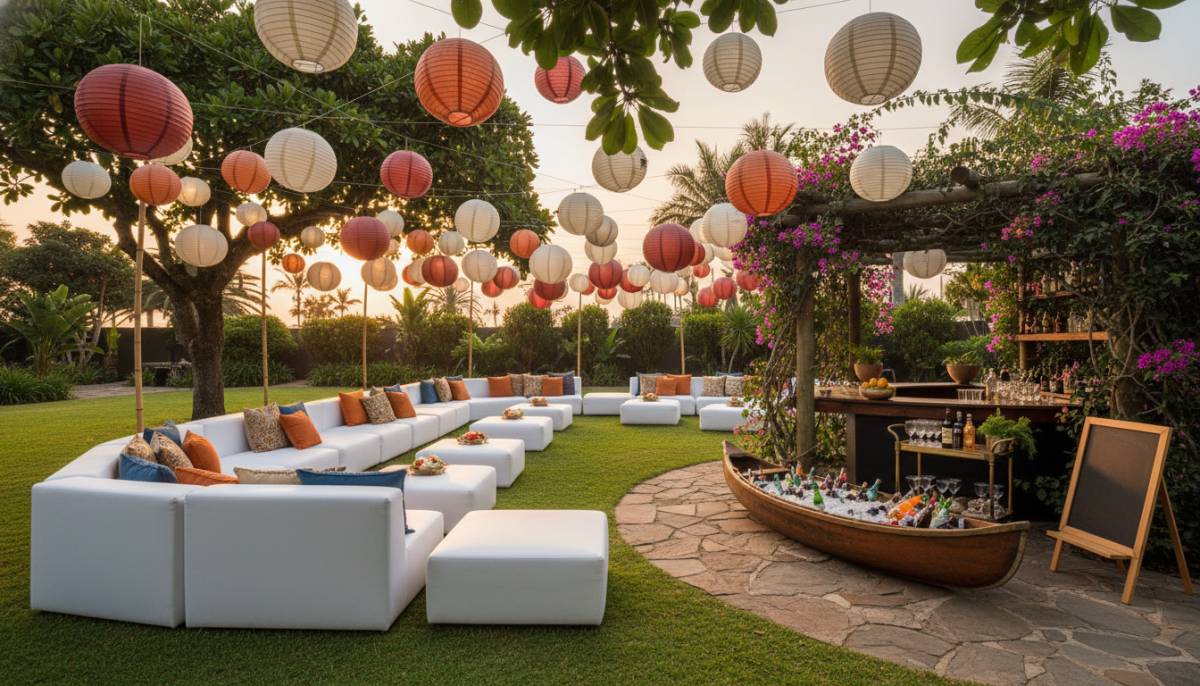 Backyard party setup with lanterns and bar corner