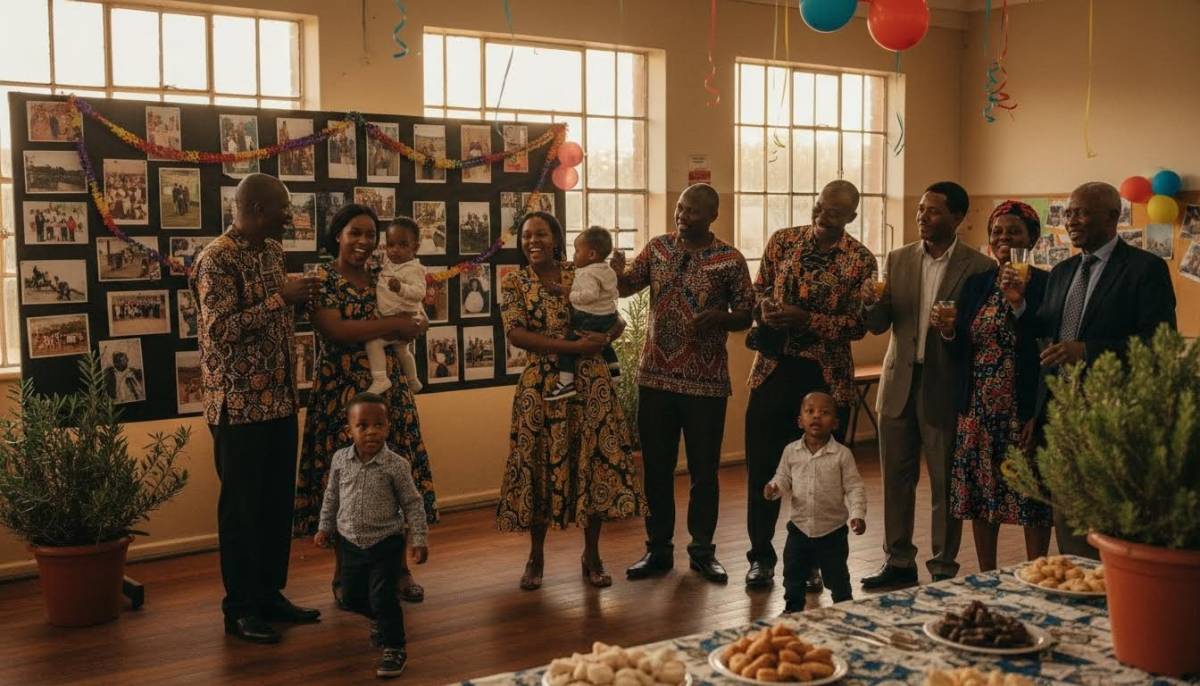Family at a welcome home photo wall