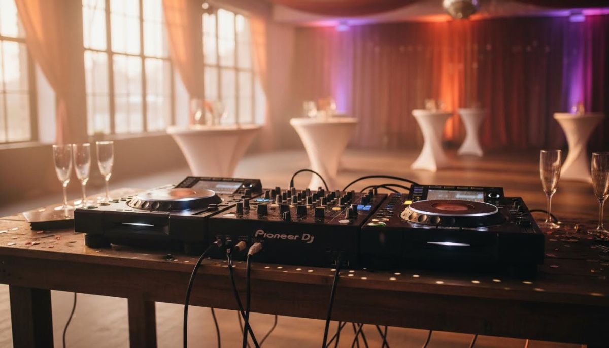 DJ decks with disco lighting