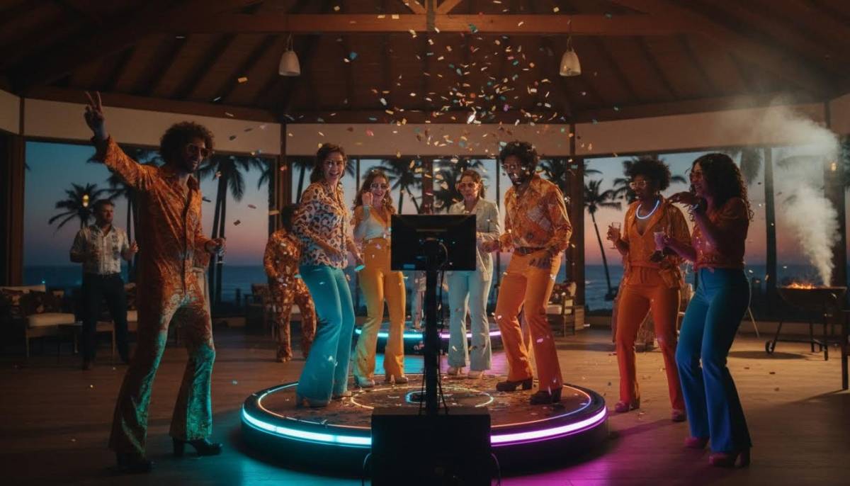 Guests using a disco party video booth