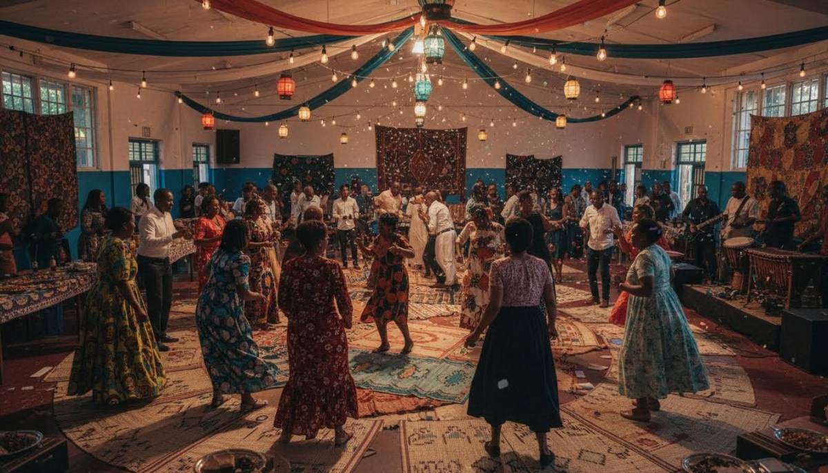 Guests dancing at a school hall 30th birthday