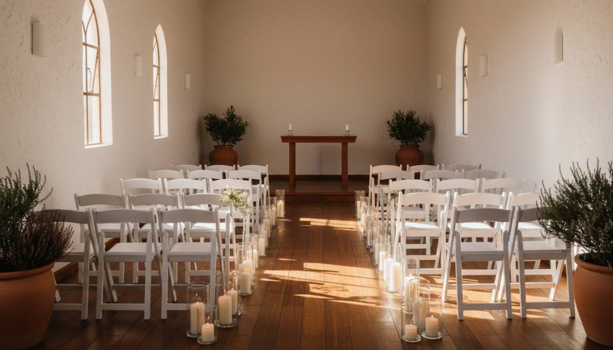 Small chapel interior prepared for an elopement