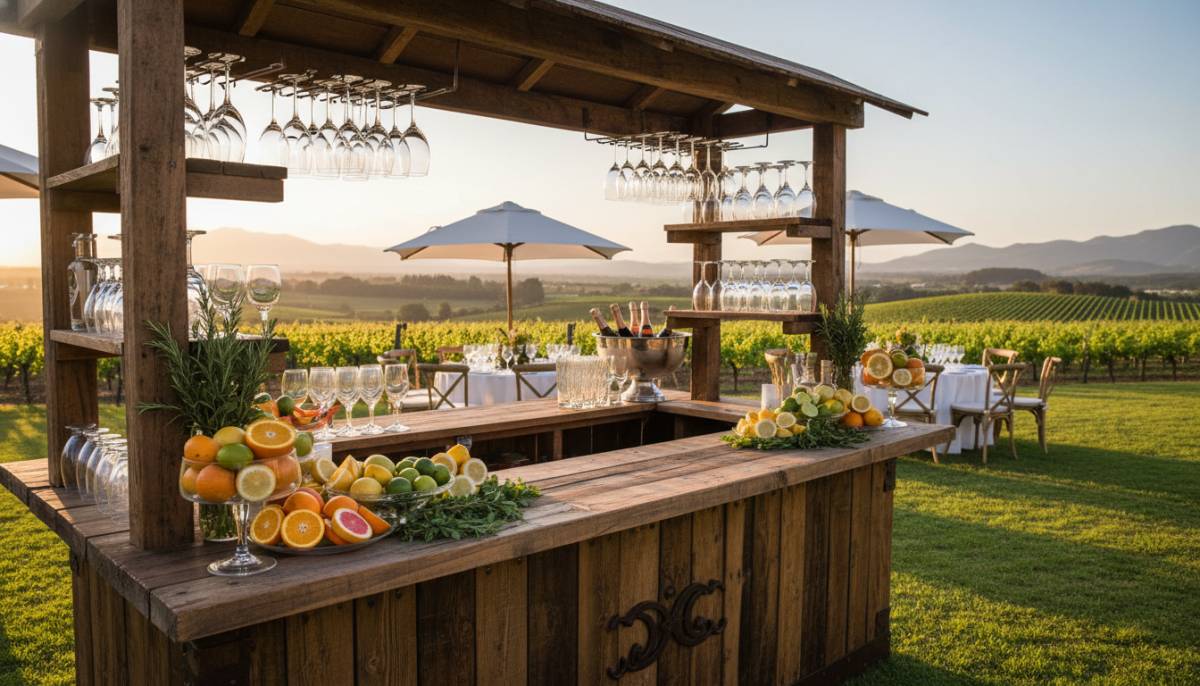 Rustic mobile bar set up for a small wedding lunch