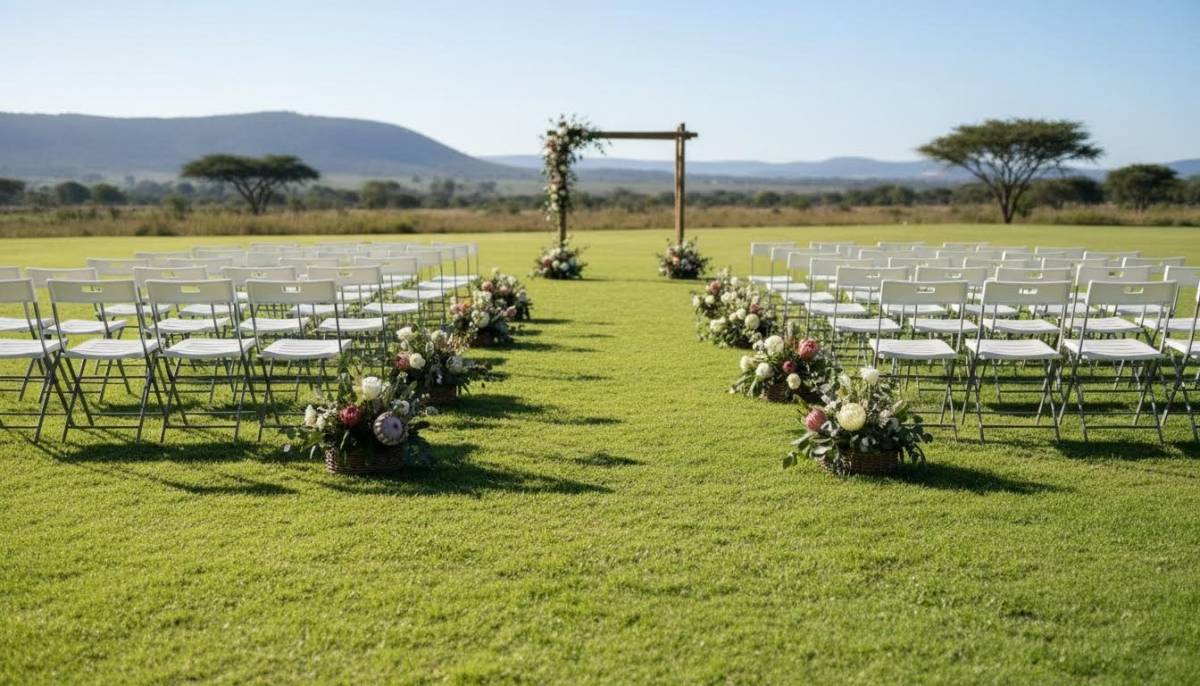 White wedding chairs set up for an elopement ceremony