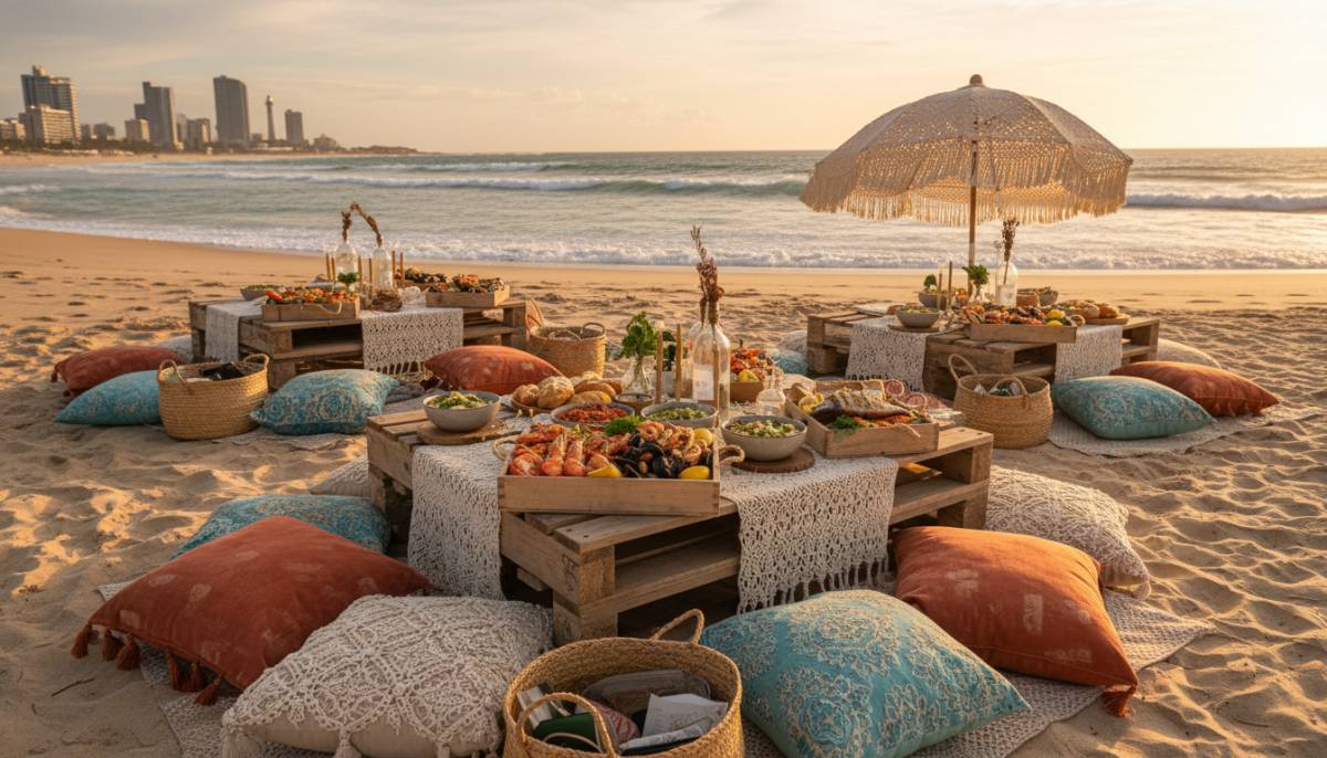 Beach picnic setup for a bachelorette