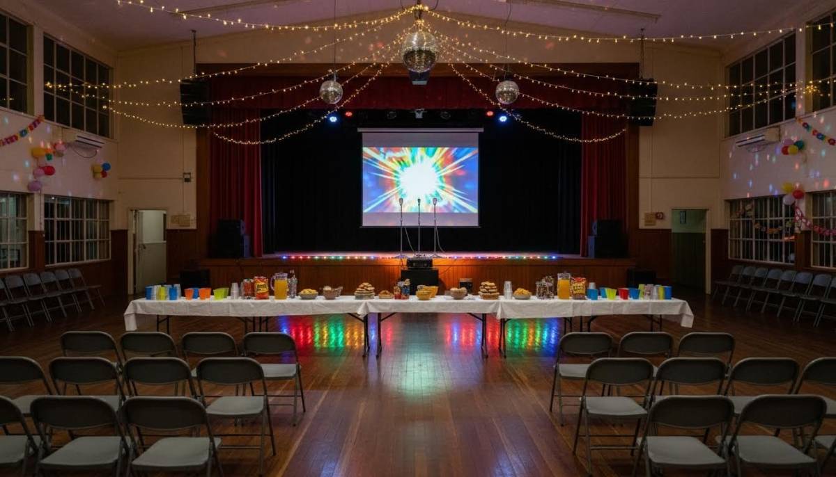 School hall karaoke setup for a bachelorette