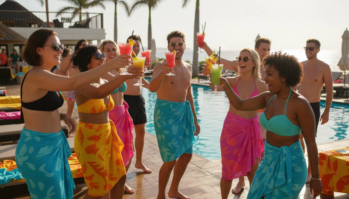 Guests at a sunny pool deck bachelorette