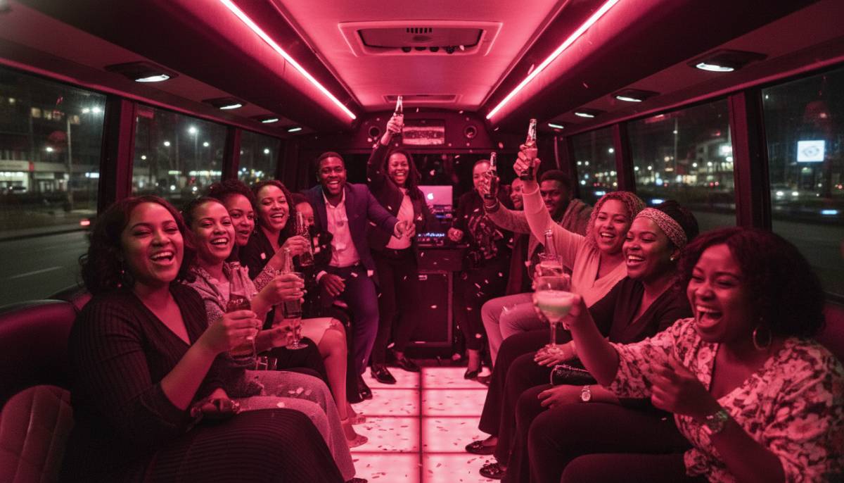 Guests celebrating inside a party bus