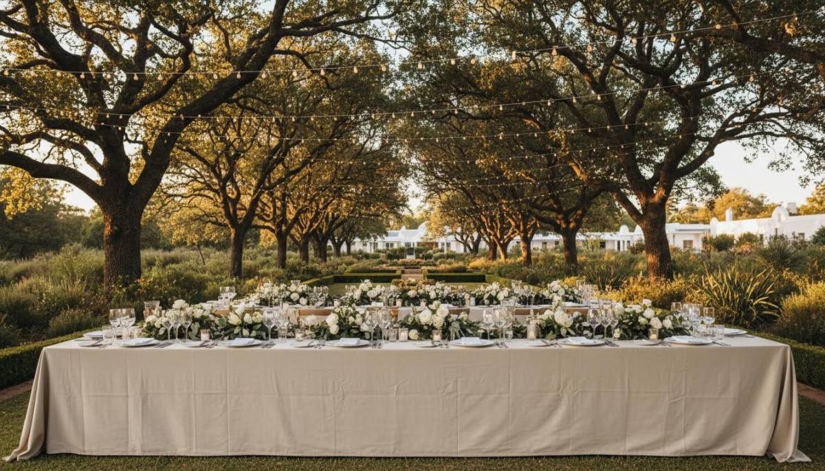 Outdoor fairytale banquet table under trees