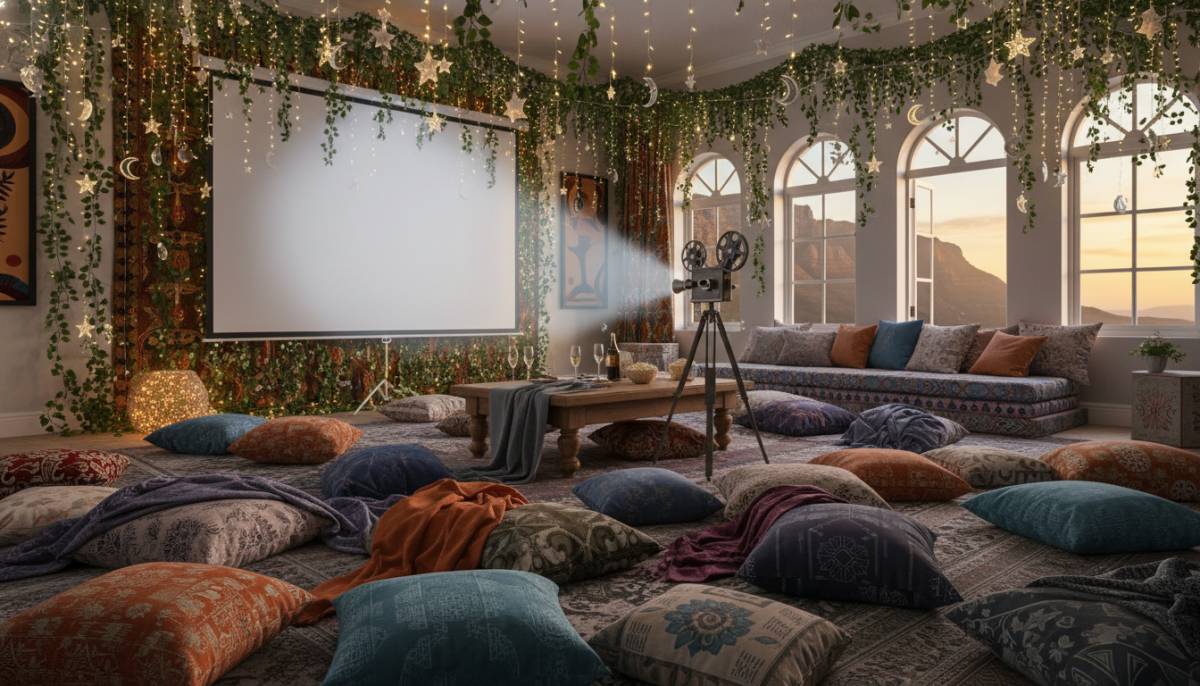 Indoor fairytale cinema setup with cushions