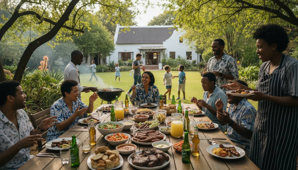 Family celebrating around a braai at a promotion party