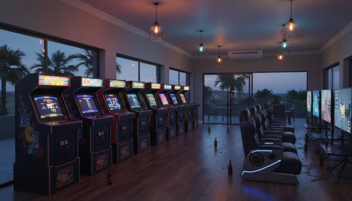 Arcade machines and console setup at a clubhouse