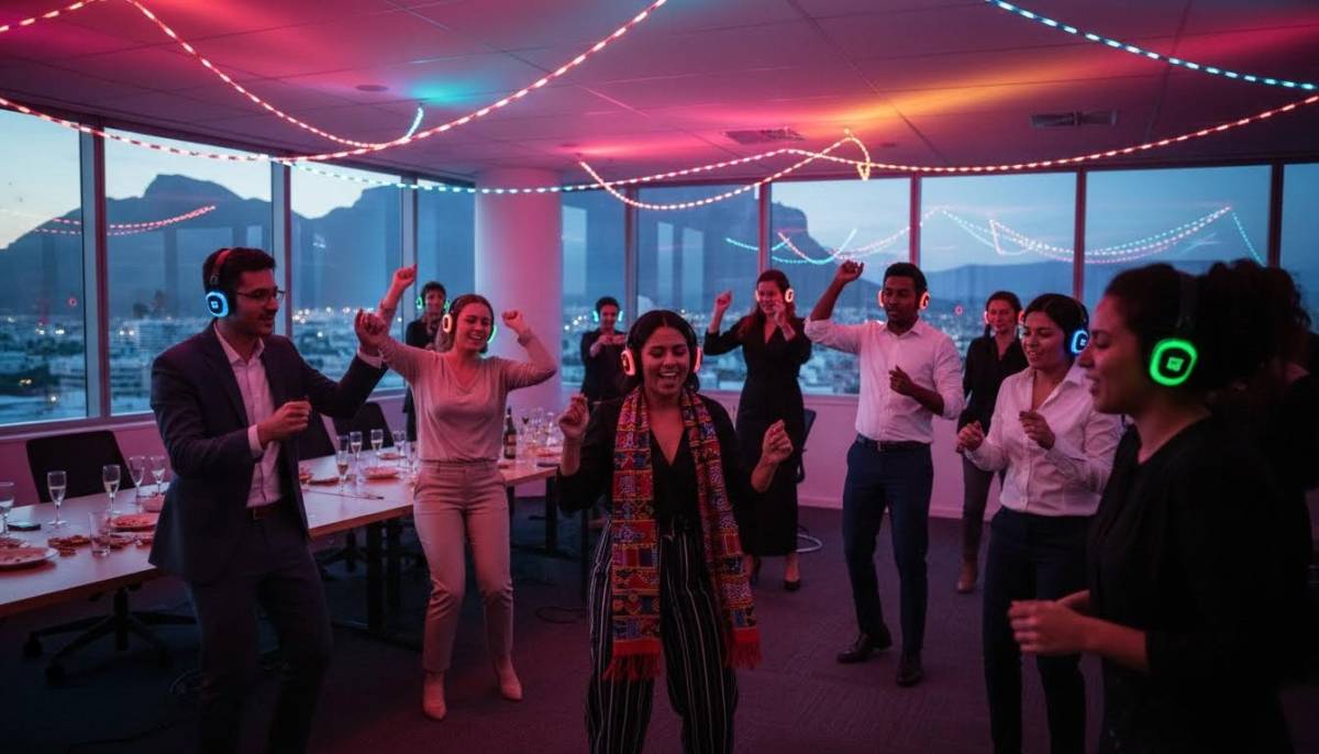 Guests dancing with headphones at a promotion party