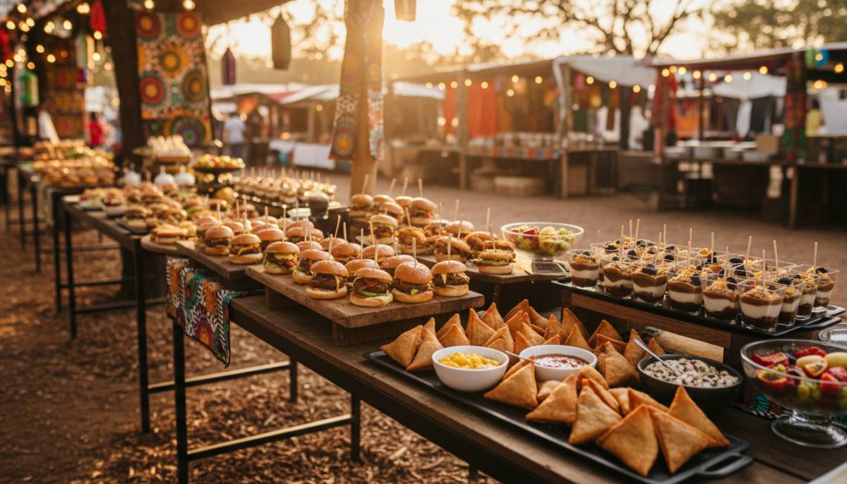 Food market stations at a promotion party