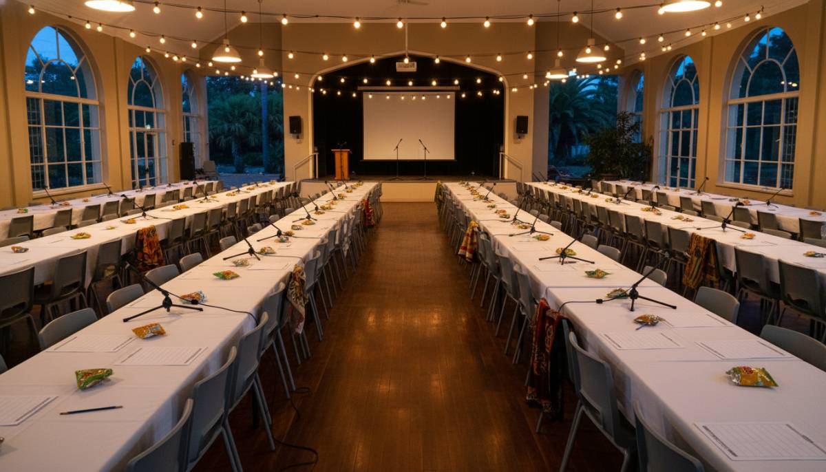 Trivia night setup in a school hall