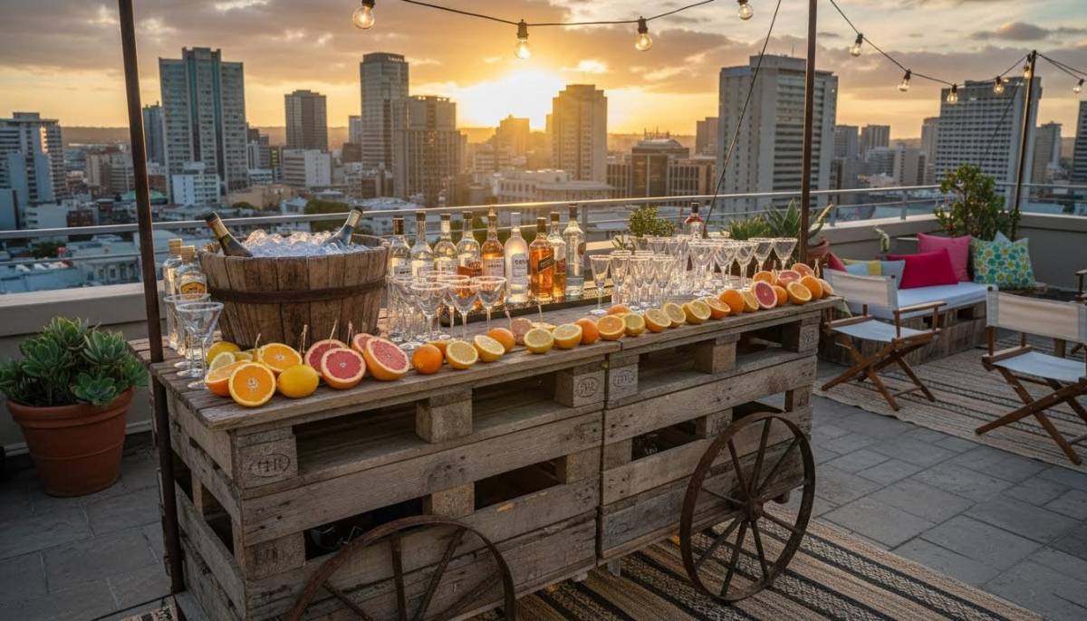 Mobile bar setup on a rooftop
