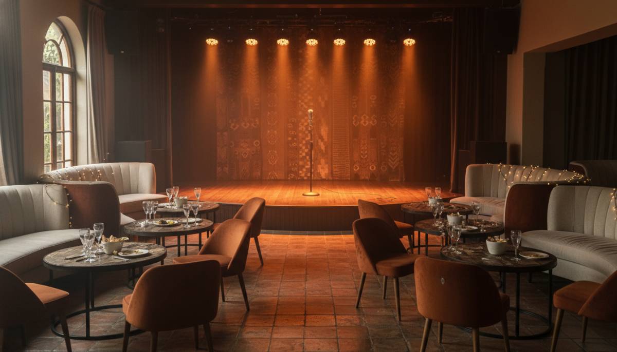Small stage and microphone setup for a promotion roast