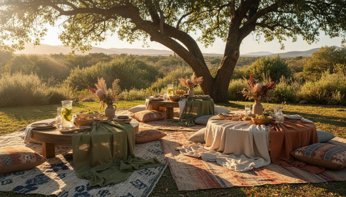 Calm garden lunch setup with rugs and low tables
