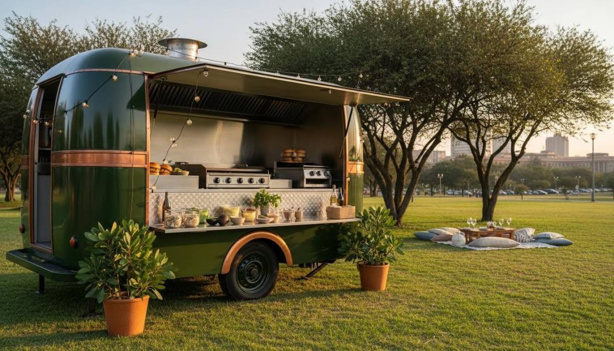 Food truck parked beside a lawn