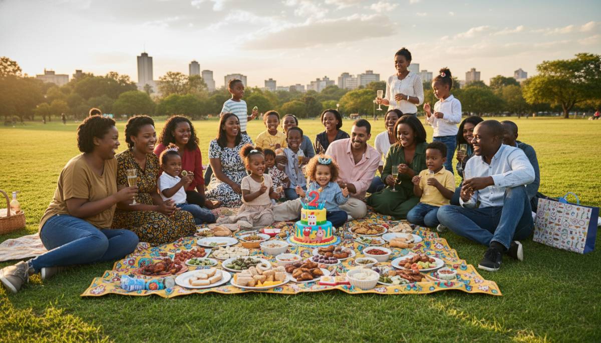 Family at a toddler birthday picnic