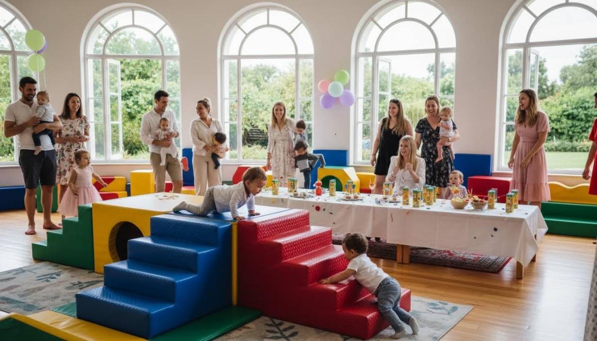 Children and parents inside an indoor toddler play venue
