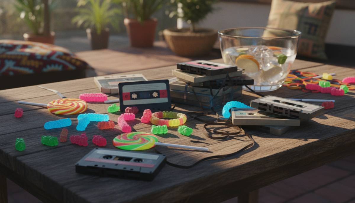 Host styling retro sweets near cassette props
