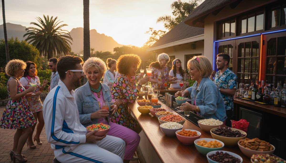Guests enjoying retro snacks at a themed party