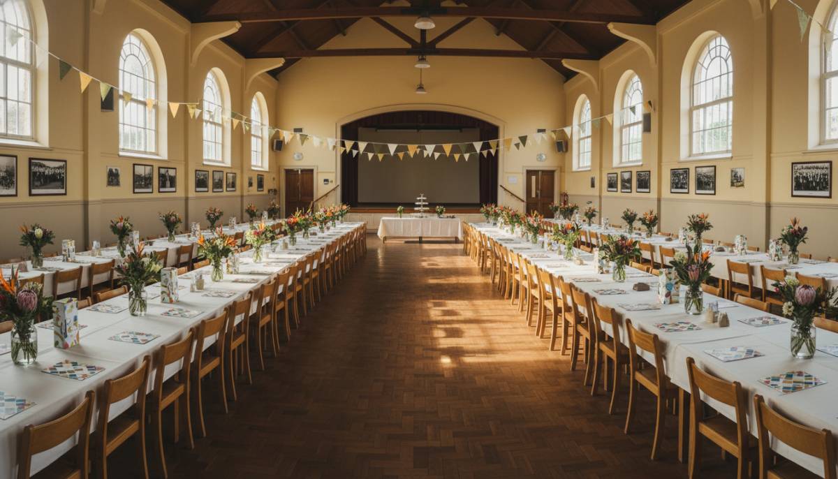 School hall set up for an 80th birthday lunch