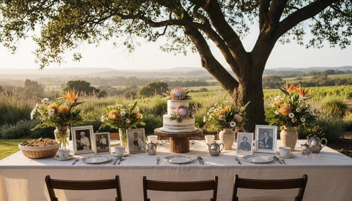 80th birthday cake table with flowers and photos