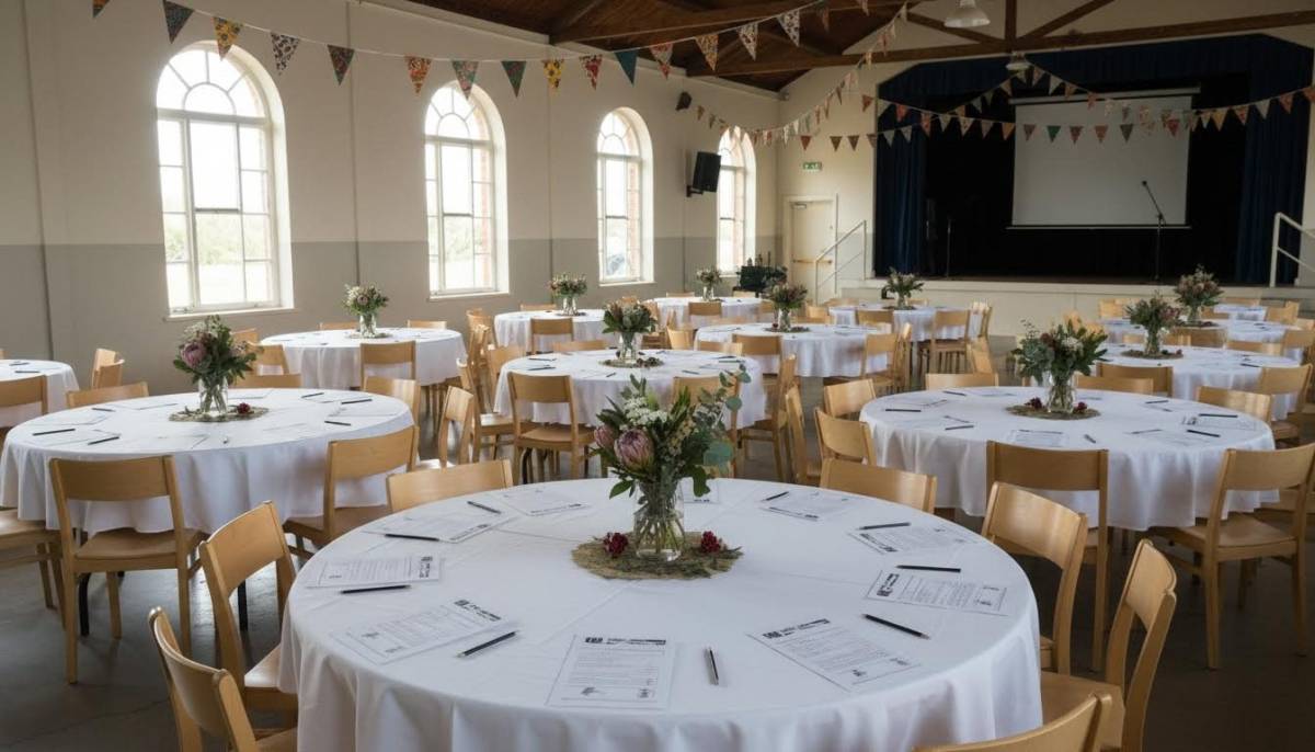 Community hall with round tables for a birthday quiz