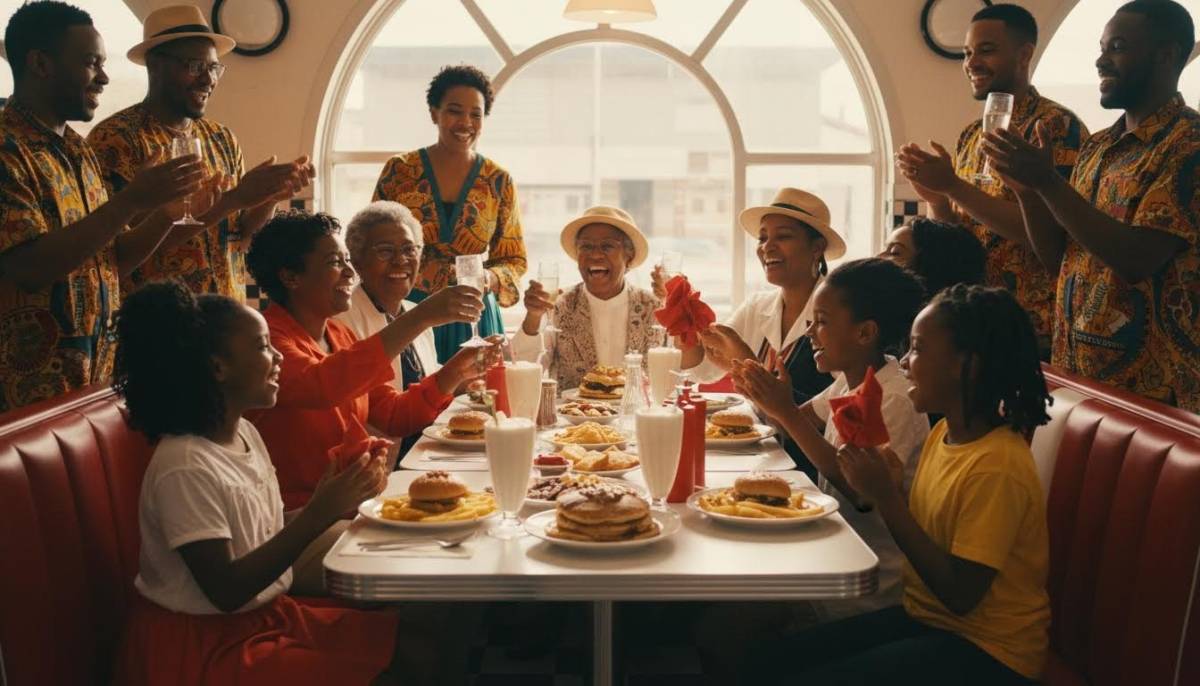 Family celebrating at a diner-themed lunch