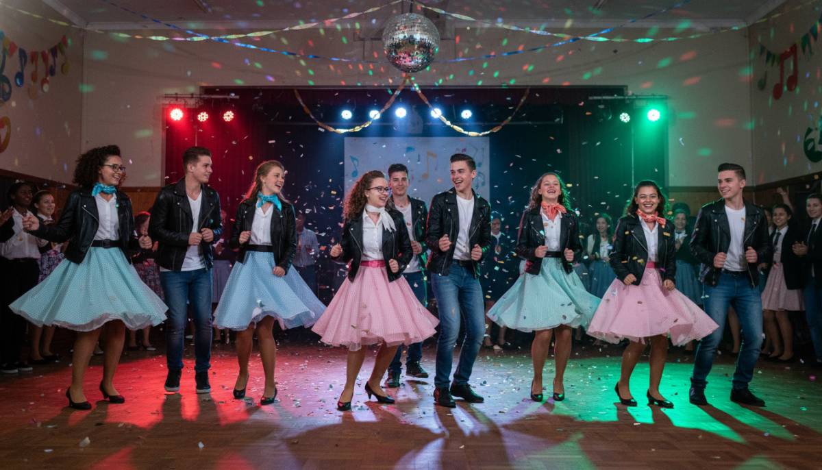 Guests dancing at a 1950s diner party