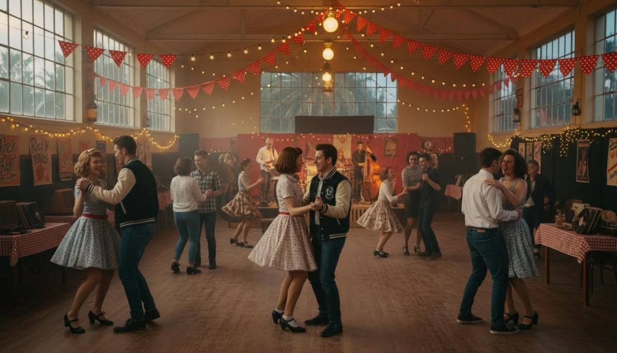 Guests dancing at a retro sock hop in a school hall
