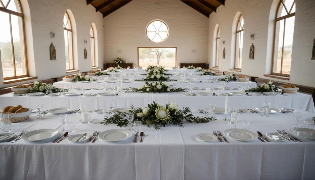 White communion lunch setup in a chapel hall