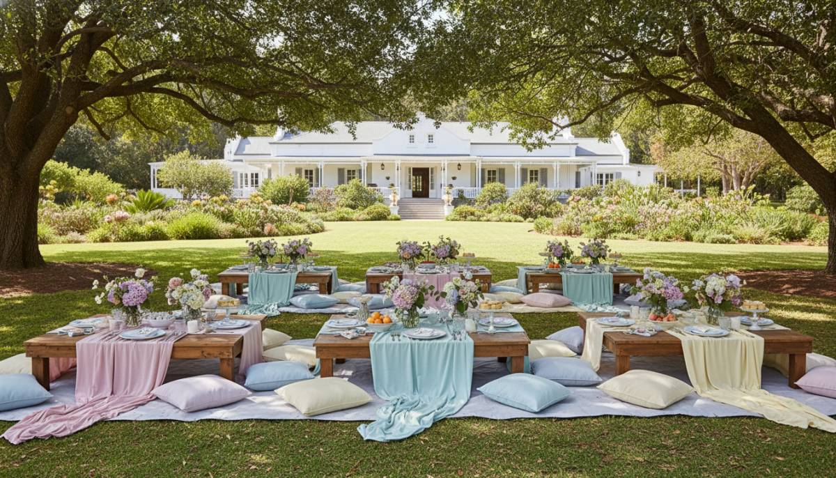 Communion picnic tables in a garden