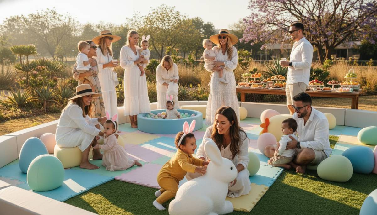 Toddlers and parents at an Easter garden play setup