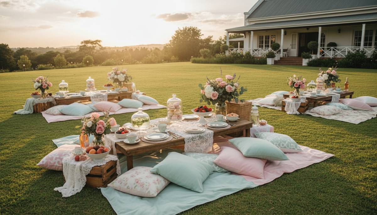 Pastel picnic setup at an estate clubhouse